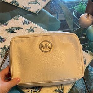 Michael Kors Cream Pebbled Leather MK Logo Crossbody